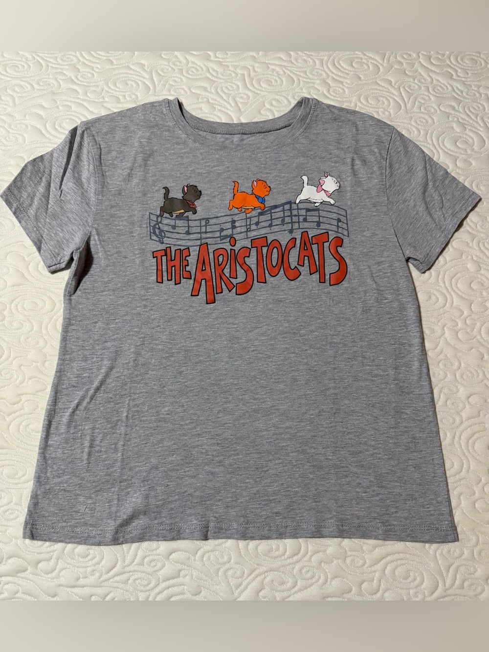 Disney Aristocats Heather Gray Tee with Black Logo and Brown Note Print